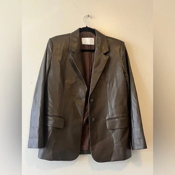 Oak and Fort Vegan Leather Blazer Dark Brown Size XS Oversized Fall Casual - Picture 2 of 11